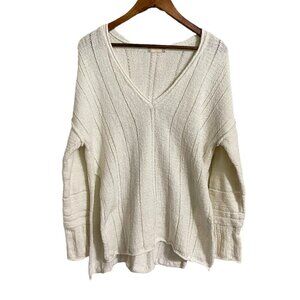 Altar'd State Womens White Vneck Open Knit Side Slit Bohemian Sweater Large
